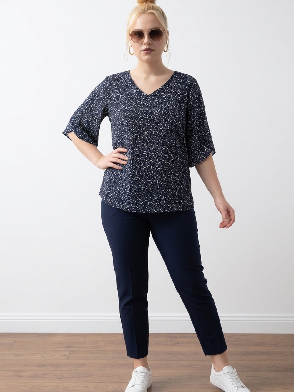 Navy V-Neck Floral Blouse